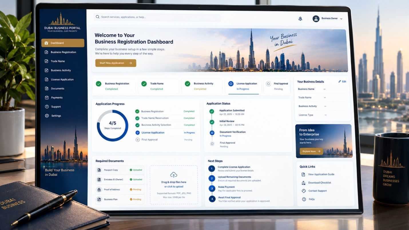 Dubai Business Portal Registration Dashboard on laptop screen