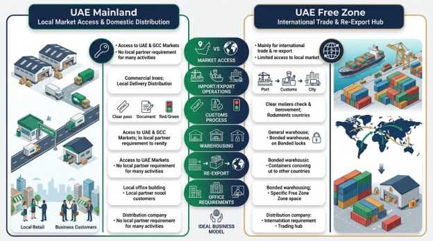 UAE Mainland vs Free Zone Import Export Operations Flowchart